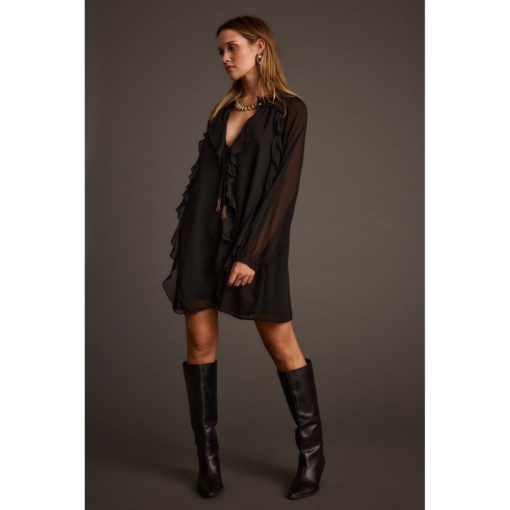 12th Tribe Alice Black Chiffon Mini Dress Babydoll Sheer Lantern Sleeves Medium